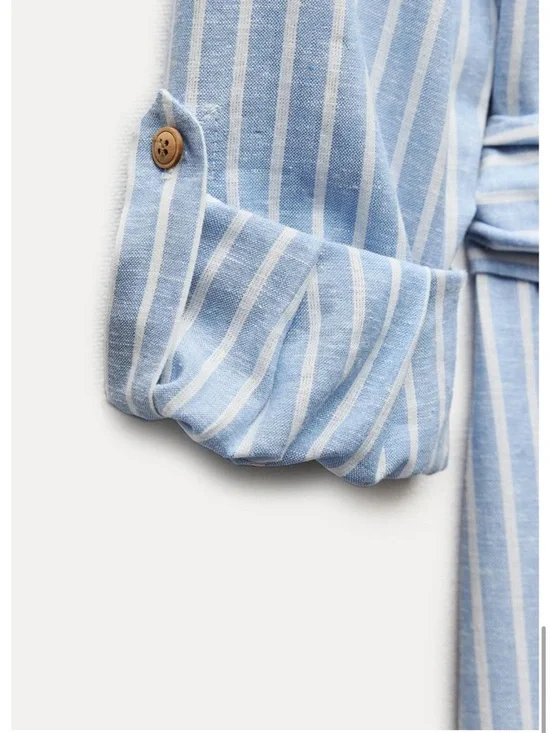 Zara Light Blue and White Striped Linen Blend Midi Shirt Dress - Picture 7 of 7